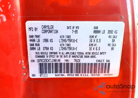 1996 Dodge Ram 2500 from USA, damaged, VIN 1B7KC23CXTJ100140